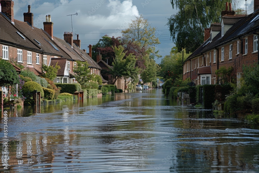 Fototapeta premium Flooded residential street with brick houses