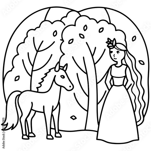 Cute princess cuddles with a unicorn. Coloring book page with colorful template for kids. Isolated illustration. For coloring book