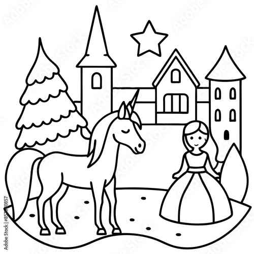 Cute princess cuddles with a unicorn. Coloring book page with colorful template for kids. Isolated illustration. For coloring book