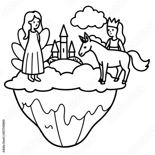 Cute princess cuddles with a unicorn. Coloring book page with colorful template for kids. Isolated illustration. For coloring book