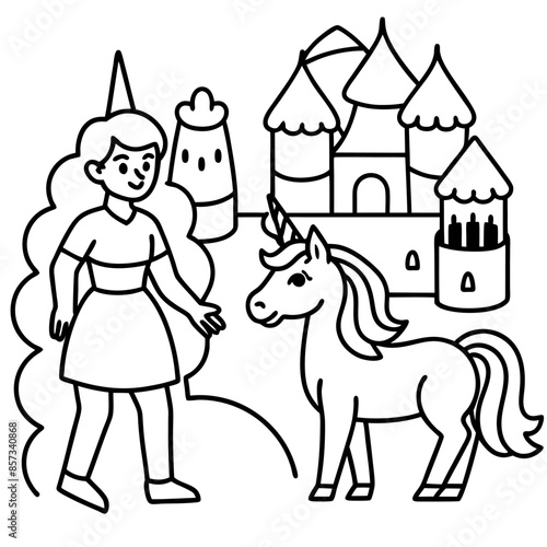 Cute princess cuddles with a unicorn. Coloring book page with colorful template for kids. Isolated illustration. For coloring book