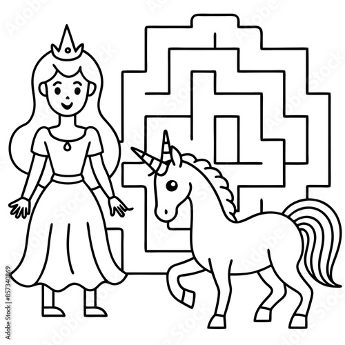 Cute princess cuddles with a unicorn. Coloring book page with colorful template for kids. Isolated illustration. For coloring book