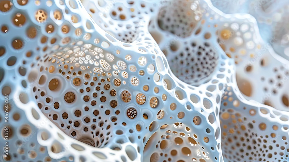 A white and brown sculpture with many holes and dots A white and brown sculpture with many holes and dots
