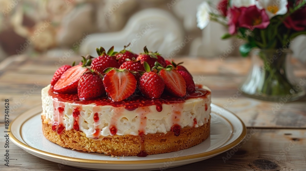 A creamy cheesecake topped with fresh strawberries and a sweet strawberry drizzle A creamy cheesecake topped with fresh strawberries and a sweet strawberry drizzle