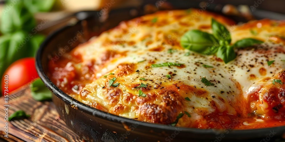 Detailed closeup of bubbling cheese atop chicken parmigiana in marinara sauce. Concept Food Photography, Close Up Shots, Gooey Cheese, Chicken Parmigiana, Marinara Sauce