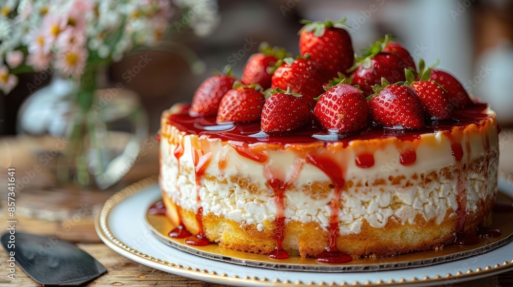 A delicious strawberry cake with creamy frosting and a delicate glaze A delicious strawberry cake with creamy frosting and a delicate glaze