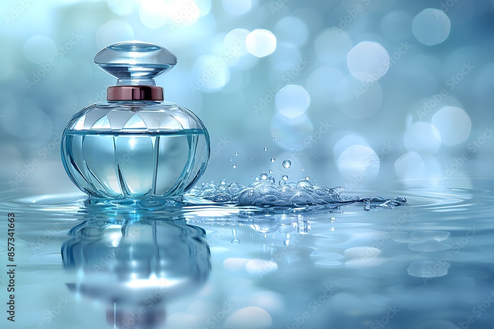 Elegant Perfume Bottle with Splashing Water on Reflective Surface - Beauty, Fragrance, and Design Concept Elegant Perfume Bottle with Splashing Water on Reflective Surface - Beauty, Fragrance, and Design Concept
