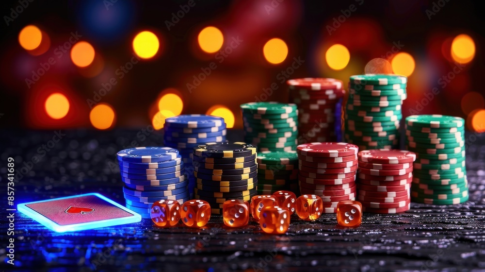 Stacks of poker chips and dice sit under a warm, blurry glow Stacks of poker chips and dice sit under a warm, blurry glow