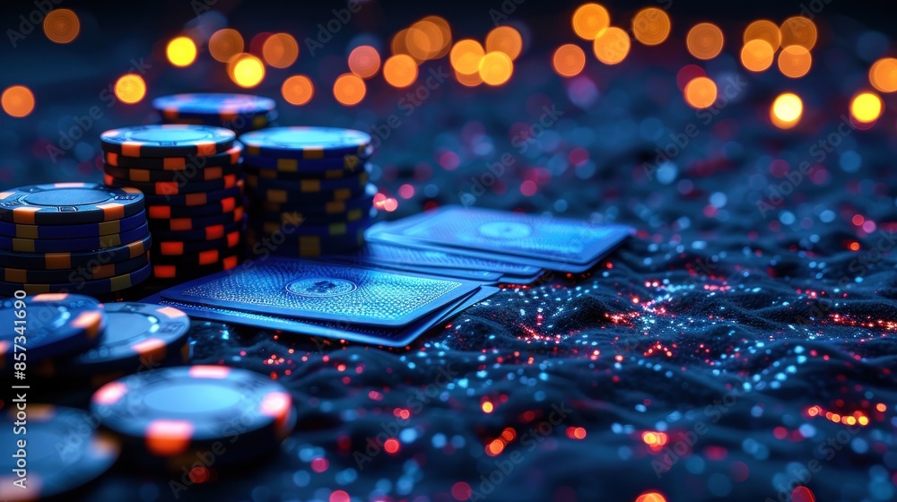 Obraz premium Blue poker chips and cards on table, lights in background