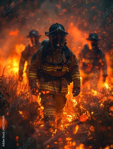 Firefighters in full gear walk through flames during a nighttime wildfire
