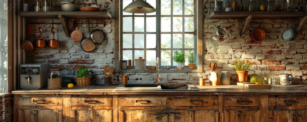 Rustic kitchen with a blank jar Rustic kitchen with a blank jar