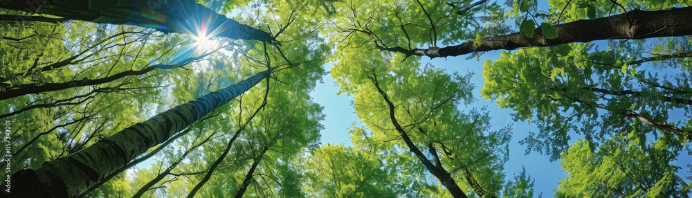 Fototapeta premium A forest with trees and a bright sun shining through the leaves