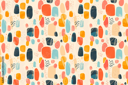 A seamless pattern featuring abstract geometric shapes in various colors, including orange, blue, and black, creating a modern, playful tile ornament for trendy and artistic designs.