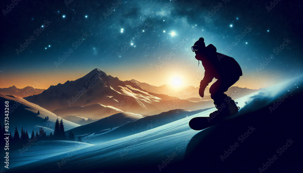 Epic Sunset Snowboarder gliding on snow Epic Sunset Snowboarder gliding on snow