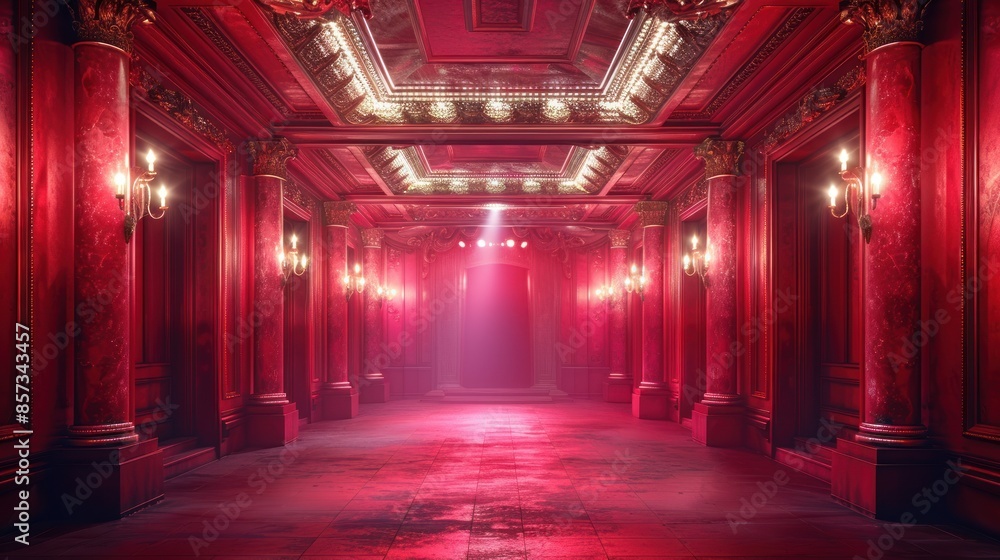 A long hallway in a grand estate, illuminated by soft red light A long hallway in a grand estate, illuminated by soft red light