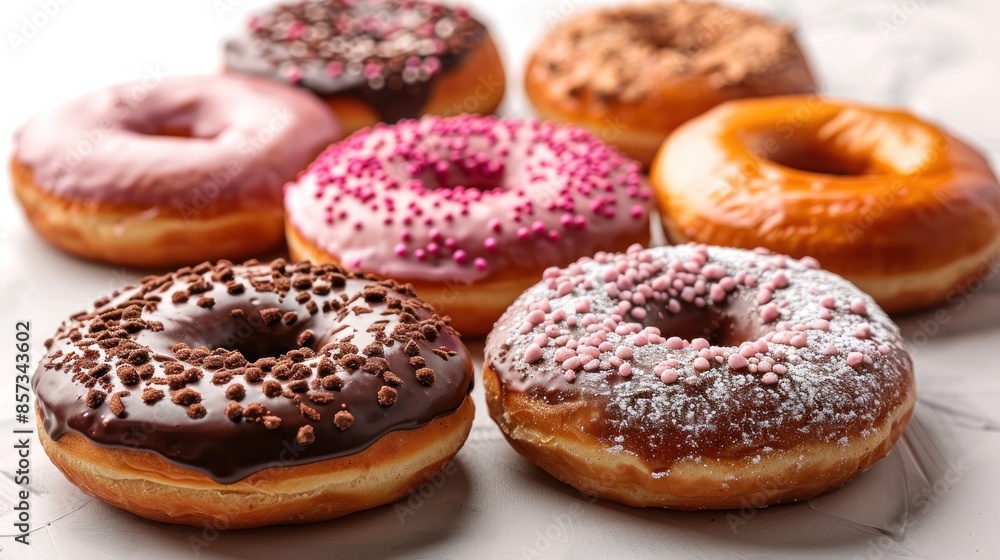 Close-up of assorted donuts on a white background