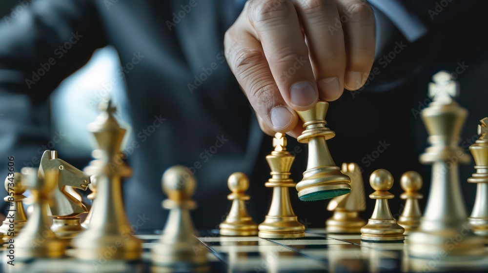 Close up of businessman hand moving gold Chess King figure and Checkmate opponent during chessboard competition. Strategy, Success, management, business planning, disruption and leadership concept Close up of businessman hand moving gold Chess King figure and Checkmate opponent during chessboard competition. Strategy, Success, management, business planning, disruption and leadership concept