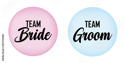 Team Bride and Team Groom Badges for Wedding Parties. Pink and Blue Buttons. Team bride. Team groom. Isolated on transparent background