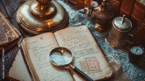 A detective's notebook with scribbled notes, sketches of suspects, and a magnifying glass, set on a desk with files and a classic lamp photo