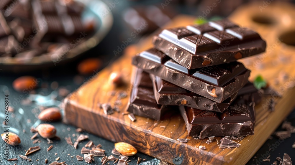 Dark chocolate bars stacked on a wooden cutting board Dark chocolate bars stacked on a wooden cutting board