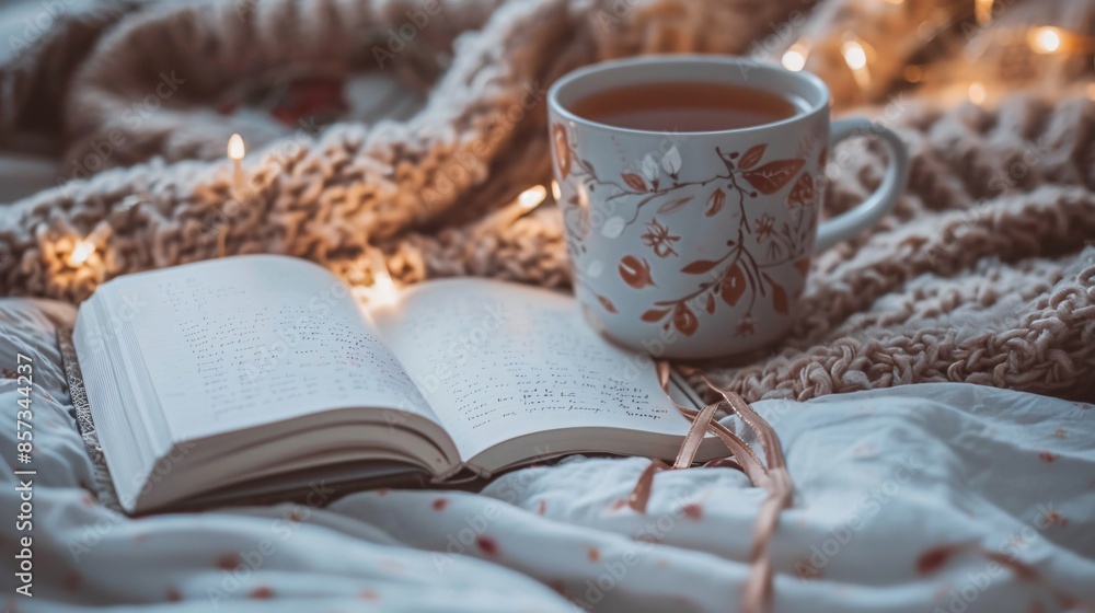 A journal with a floral cover, placed on a cozy bed with a warm blanket, a cup of herbal tea, and fairy lights creating a soft, comforting glow A journal with a floral cover, placed on a cozy bed with a warm blanket, a cup of herbal tea, and fairy lights creating a soft, comforting glow