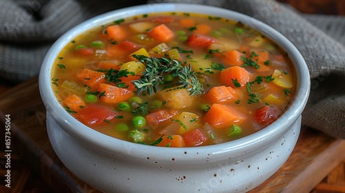 A close-up of a bowl of vegetable soup