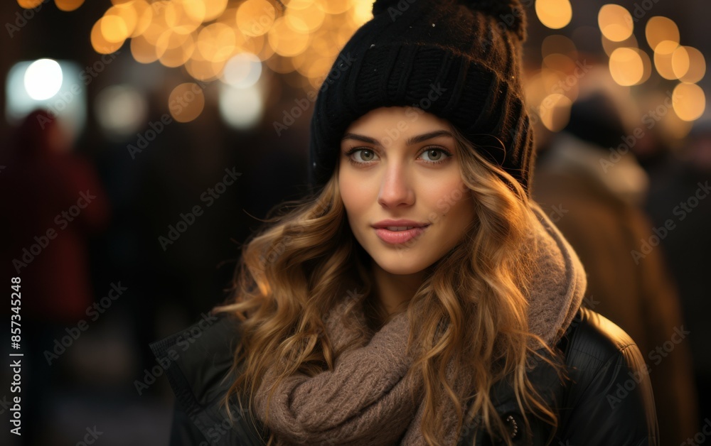 A woman wearing a black hat and a brown scarf is smiling. She is standing in front of a crowd of people A woman wearing a black hat and a brown scarf is smiling. She is standing in front of a crowd of people