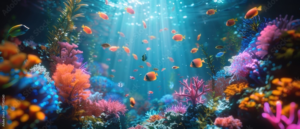 Neon-lit fish swimming, , glowing ocean Neon-lit fish swimming, , glowing ocean