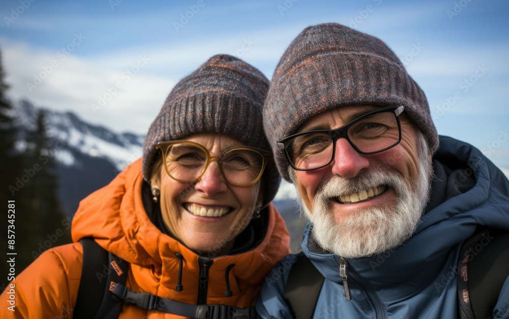 A man and a woman are smiling and wearing hats and glasses. They are posing for a picture A man and a woman are smiling and wearing hats and glasses. They are posing for a picture