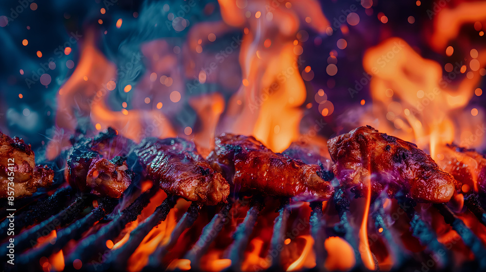 Chicken wings grilling on a flaming grill Chicken wings grilling on a flaming grill