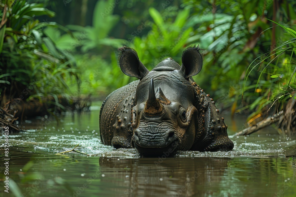 Fototapeta premium A Javan rhinoceros wading in a shallow river, surrounded by dense vegetation, its thick, grey skin covered in mud.
