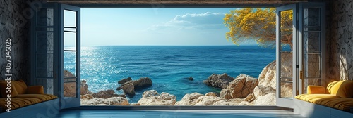 Horizontal view from the open window of the sea and mountain landscape