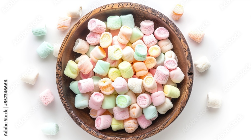 Colorful mini marshmallows in a wooden bowl isolated on a white background with full depth of field. Top view, flat lay. Colorful mini marshmallows in a wooden bowl isolated on a white background with full depth of field. Top view, flat lay.