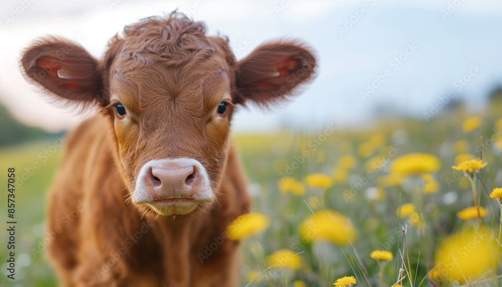 A close-up shot of a young brown calf standing in a field of yellow flowers with a serene expression A close-up shot of a young brown calf standing in a field of yellow flowers with a serene expression