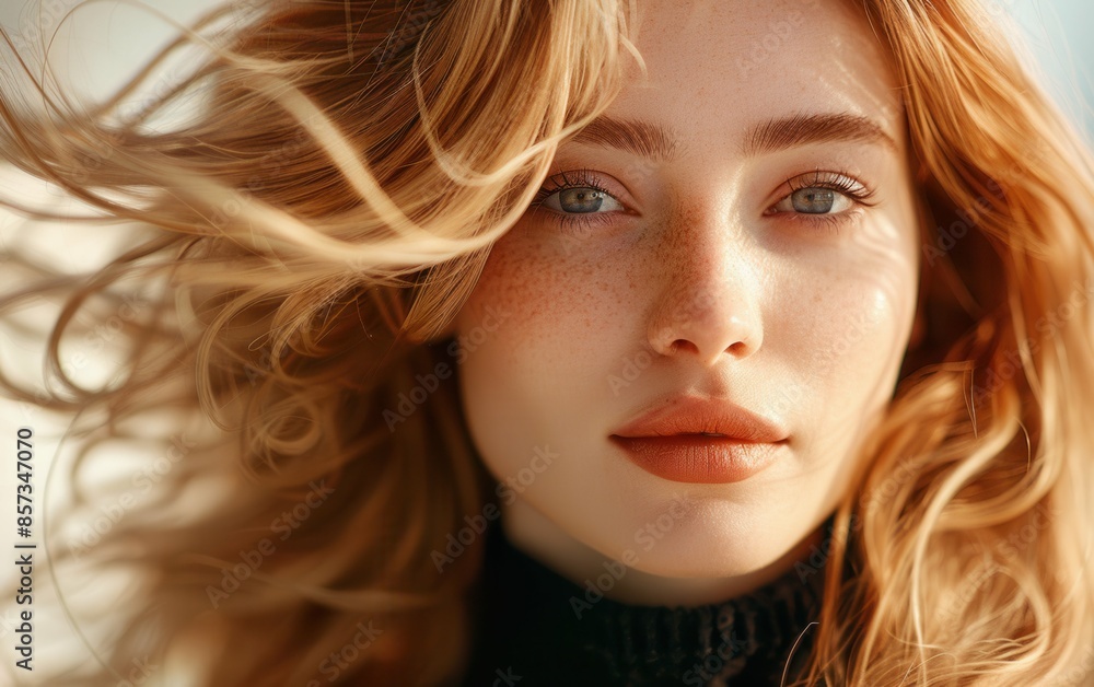 A woman with long blonde hair and freckles on her face. She is wearing a black sweater and has a bright smile on her face A woman with long blonde hair and freckles on her face. She is wearing a black sweater and has a bright smile on her face