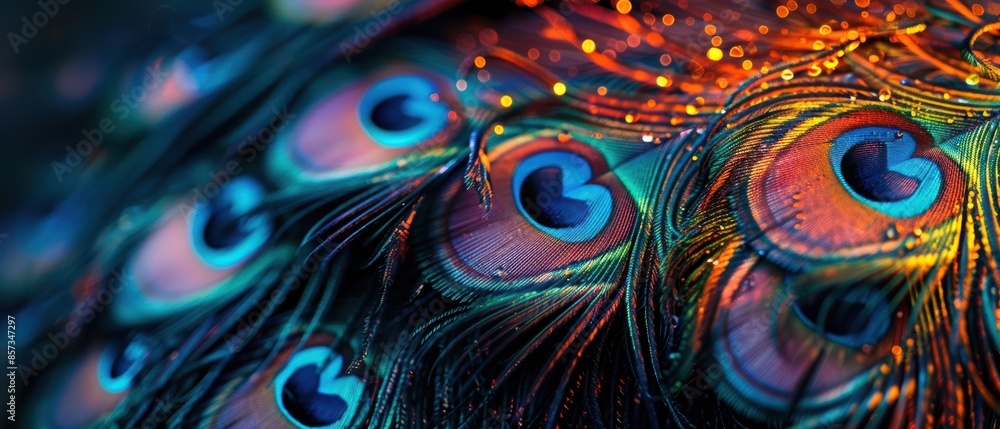 Obraz premium Neon-lit peacock feathers, , vibrant glow