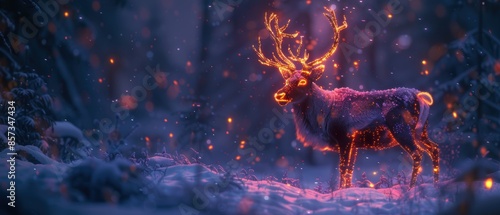 Neon-lit reindeer in snow, 8k UHD, glowing winter photo