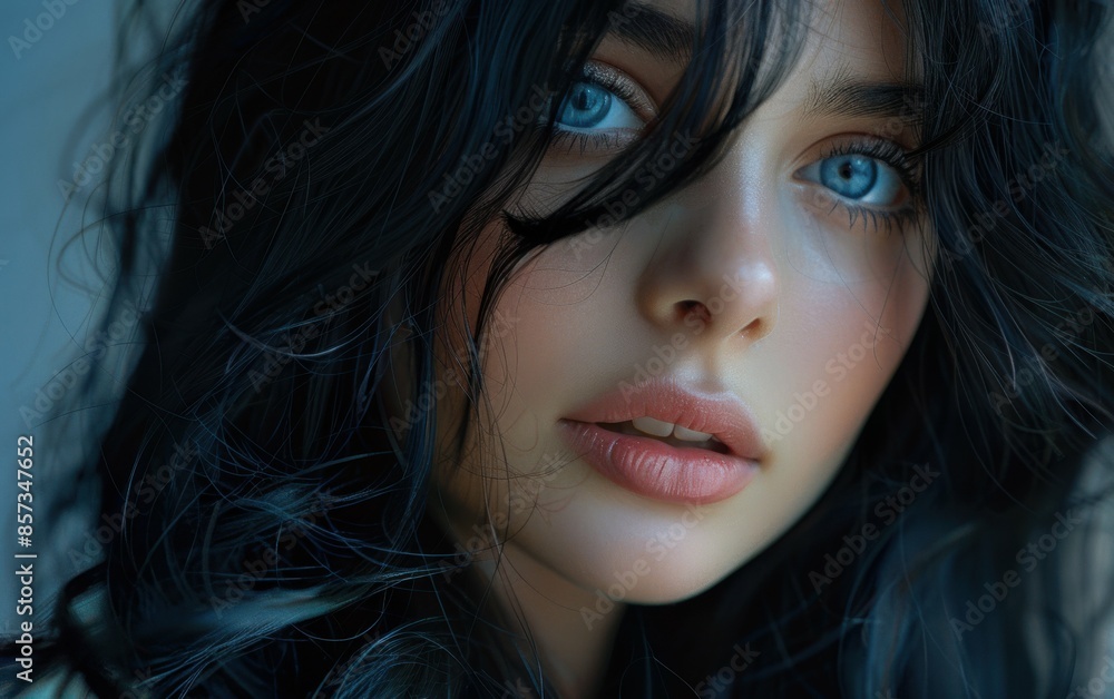 A woman with long black hair and blue eyes. She has a nice smile and is wearing makeup A woman with long black hair and blue eyes. She has a nice smile and is wearing makeup