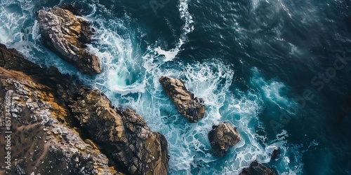 View from above raging waves of the auken crashing against the rocks