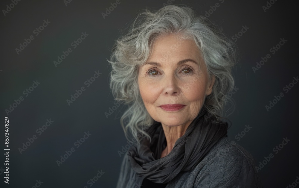 A woman with gray hair is wearing a black scarf and a gray jacket. She is smiling and looking at the camera A woman with gray hair is wearing a black scarf and a gray jacket. She is smiling and looking at the camera