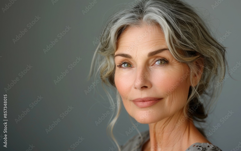 A woman with gray hair and a smile on her face. She is wearing a gray shirt and has her hair in a bun A woman with gray hair and a smile on her face. She is wearing a gray shirt and has her hair in a bun