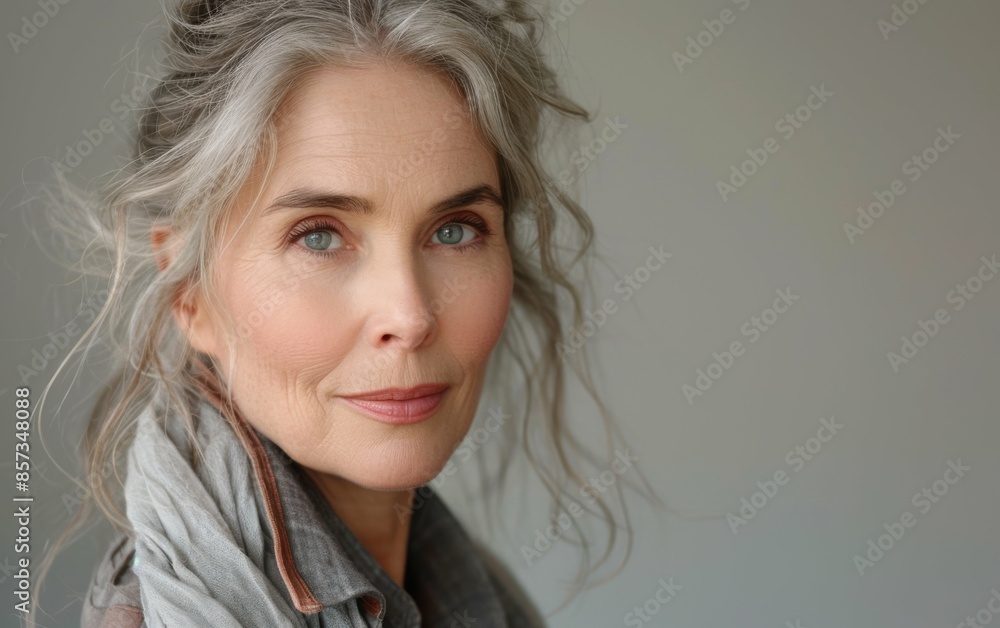 A woman with gray hair and a scarf around her neck. She has a smile on her face A woman with gray hair and a scarf around her neck. She has a smile on her face