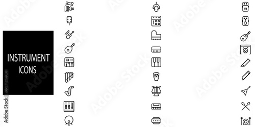 Musical instrument 27 icons. Included guitar, electric guitar, double bass, drums, piano, accordion, lyre, saxophone and more.Vector illustration.