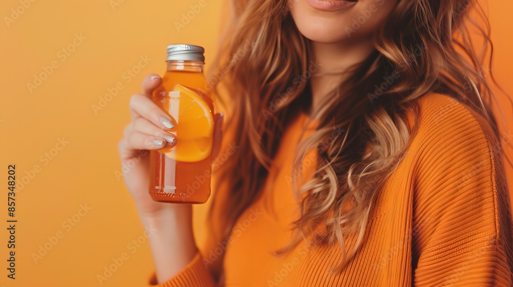 Fototapeta premium Close-up of a woman holding a bottle of drink against an orange background. 