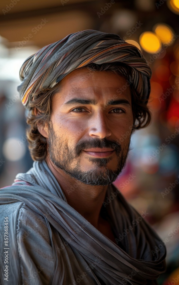 A man with a beard and mustache is wearing a turban and smiling. He is wearing a grey shirt and scarf A man with a beard and mustache is wearing a turban and smiling. He is wearing a grey shirt and scarf