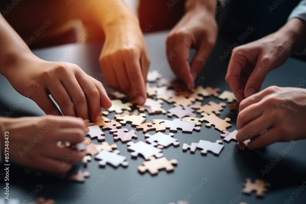 generated illustration of hands Joining puzzle pieces together. generated illustration of hands Joining puzzle pieces together.