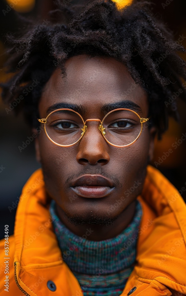 A man with dreadlocks and glasses is wearing a yellow jacket. He has a serious expression on his face A man with dreadlocks and glasses is wearing a yellow jacket. He has a serious expression on his face