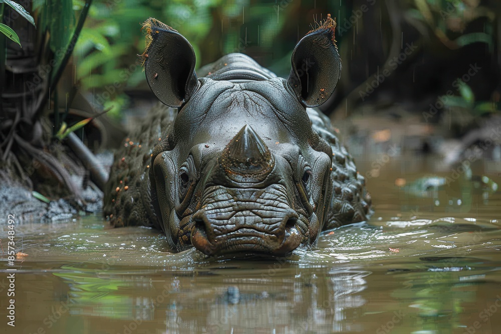 A Javan rhinoceros wading in a shallow river, surrounded by dense vegetation, its thick, grey skin covered in mud. A Javan rhinoceros wading in a shallow river, surrounded by dense vegetation, its thick, grey skin covered in mud.