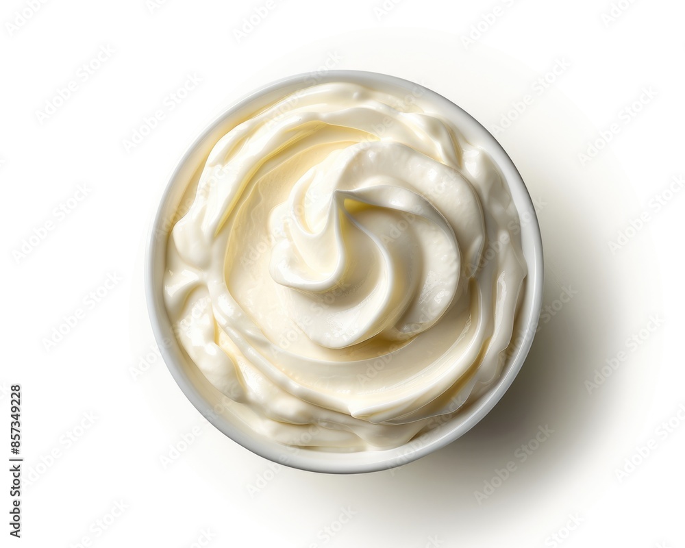 Creamy Yogurt. Greek Yogurt in Bowl, Top View on White Background Creamy Yogurt. Greek Yogurt in Bowl, Top View on White Background