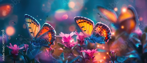 Neon butterflies in a tropical garden photo
